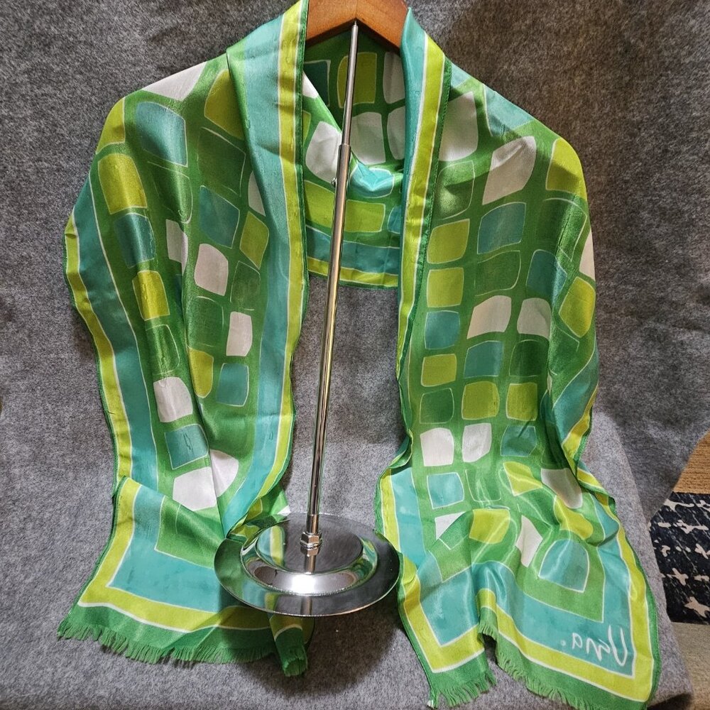 Vintage VERA  Scarf - Green, Blue And White Geometric- Nylon 68"×13"